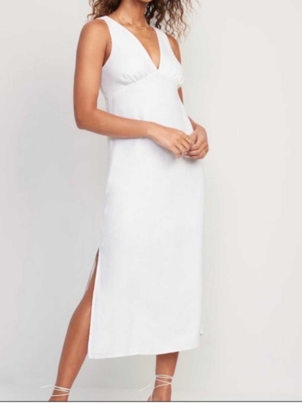 NWT Old Navy V Neck Midi White Linen-Blend Dress Sleeveless Medium